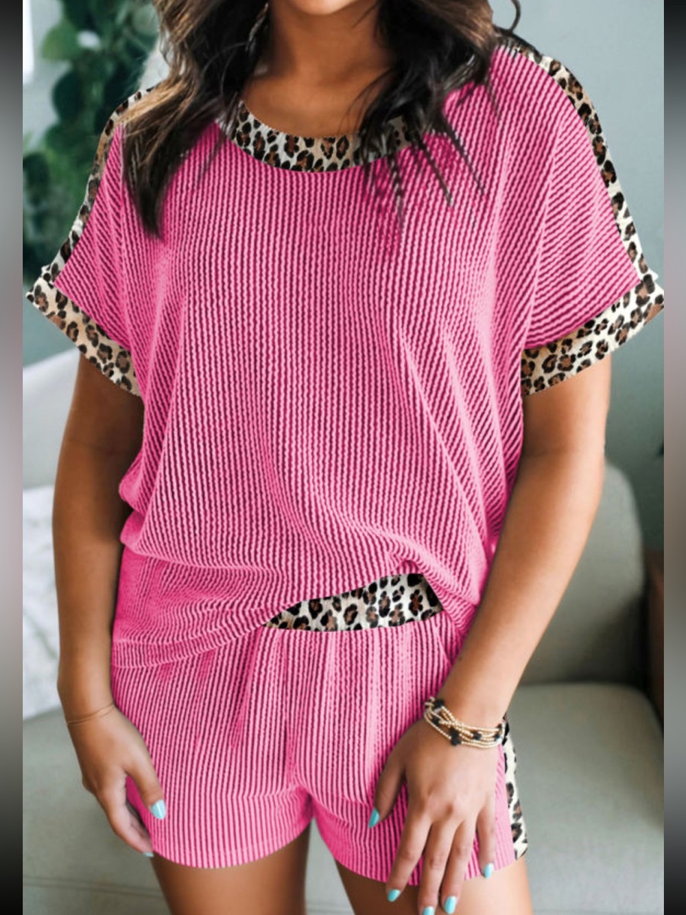 1244. Pink Leopard Print Trim Corded Ribbed Short Sleeve Shorts Set